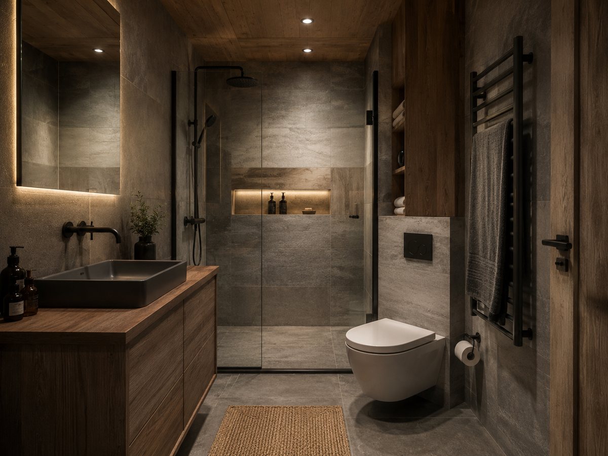 Bathroom with a rain shower behind glass, WC, a vanity with a black basin and a heated towel rail
