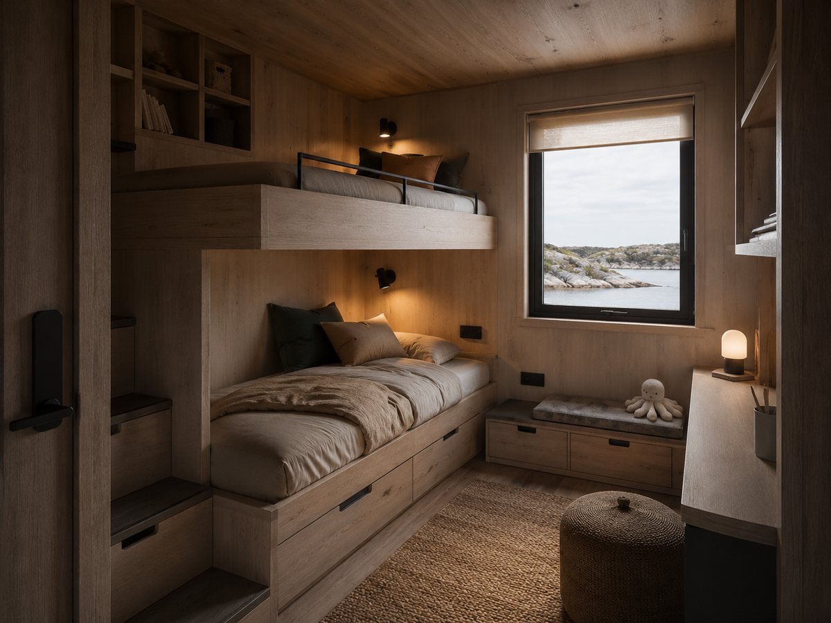 Children's room with two fixed beds, its own window facing the water and fixed stairs with storage drawers