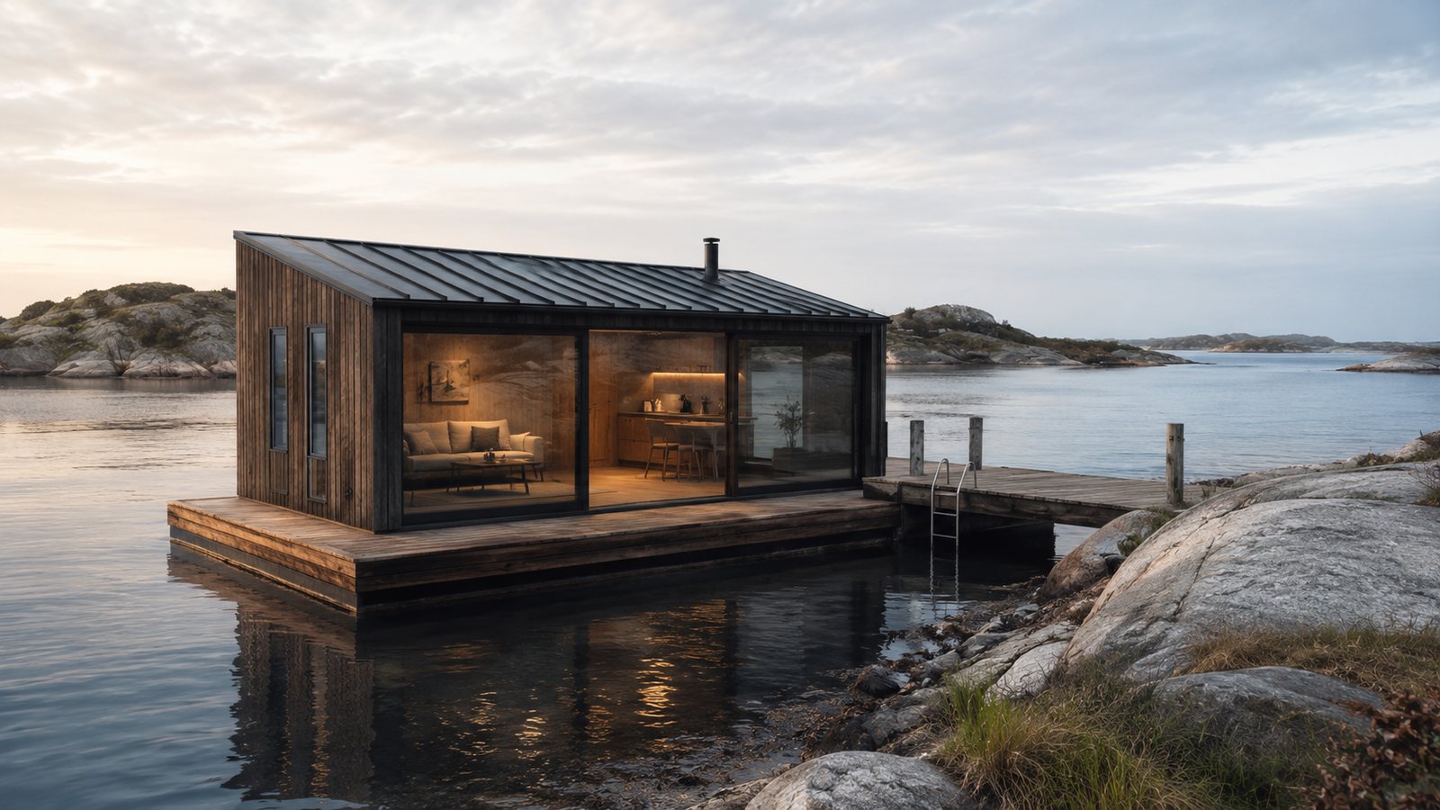 SKÄR 30 FLOAT on a floating platform with a deck and a bathing ladder, moored beside a rock