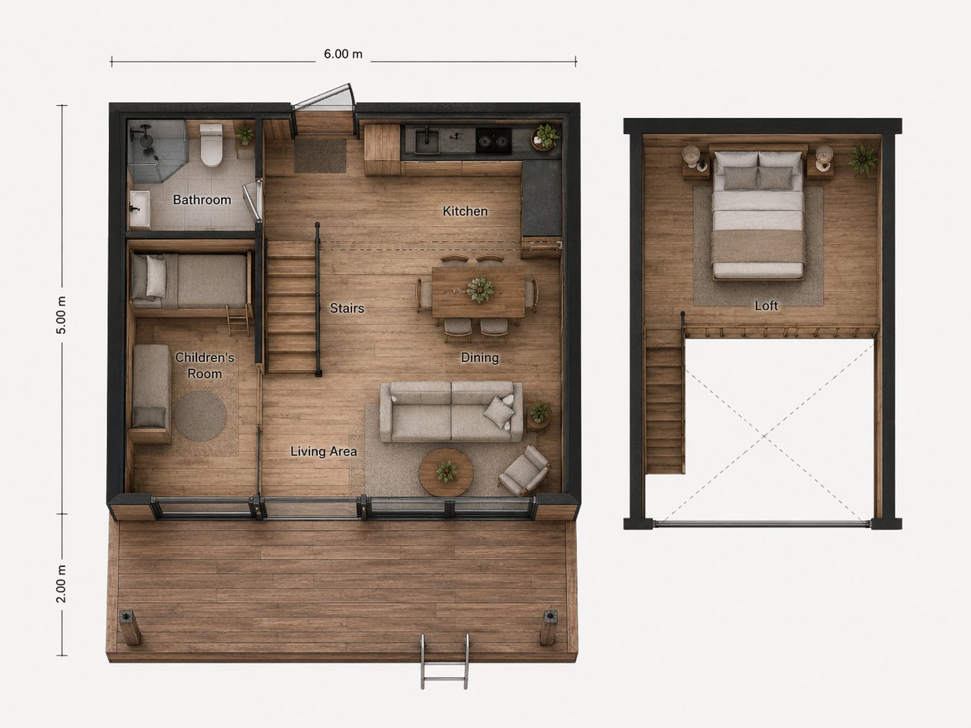 Floor plan of the entrance level and sleeping loft: bathroom, children's room, stairs, kitchen, dining and living room, with a terrace in front