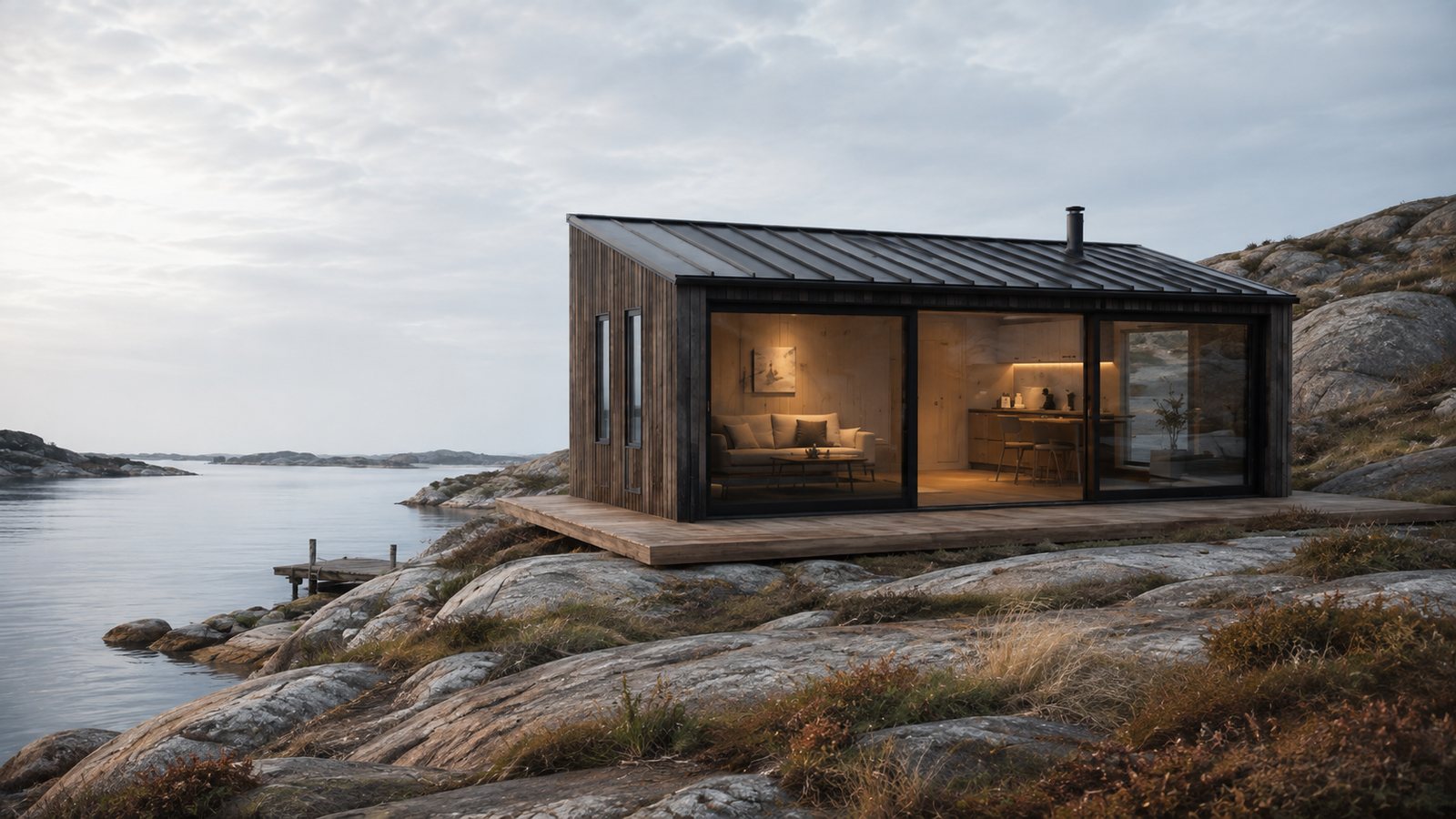 SKÄR 30 LAND on a rock shelf by the water, with timber cladding and large glazed sections facing the sea