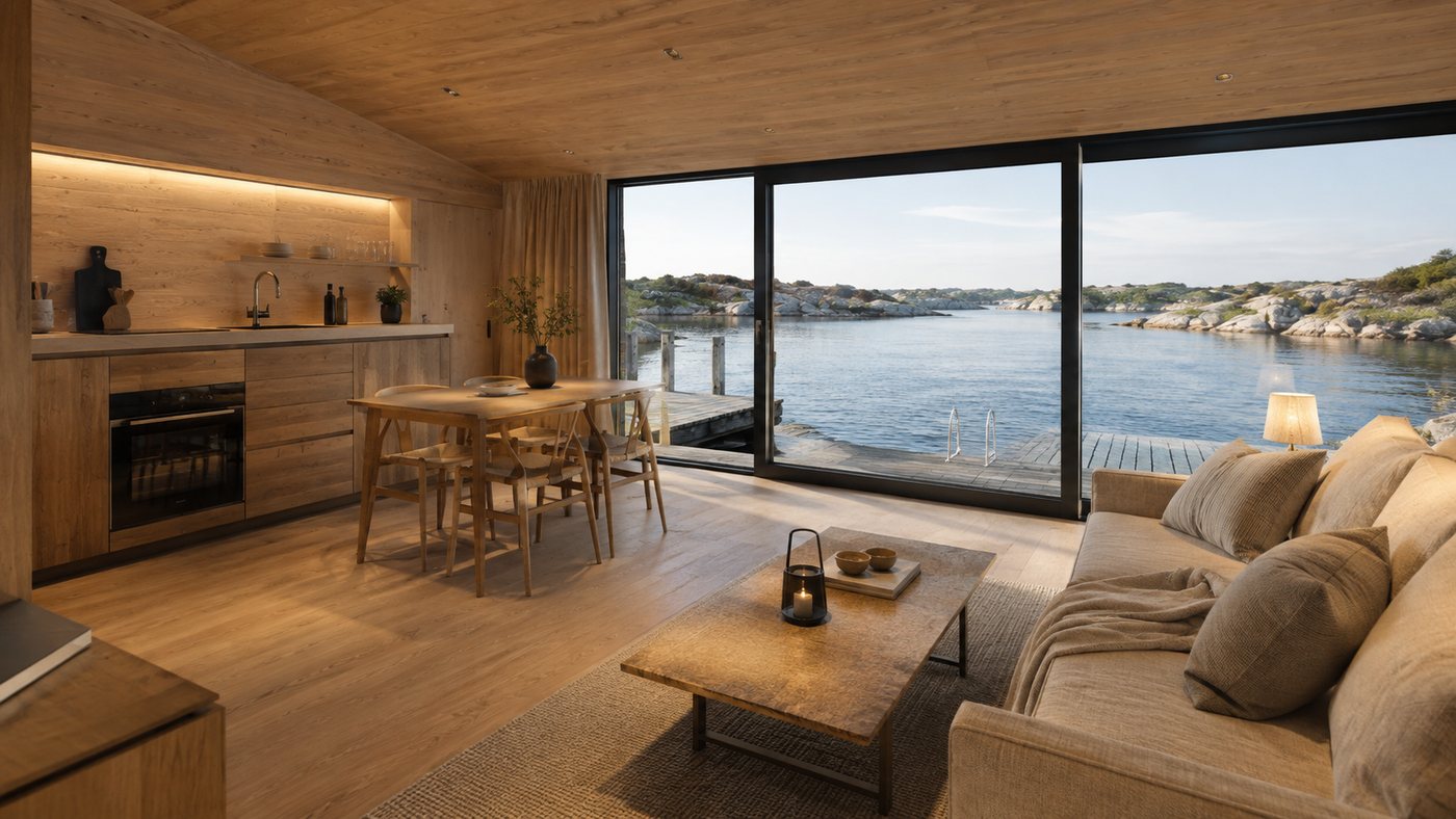 Living room and kitchen in an open plan with a dining space for four and panoramic glazing toward the archipelago