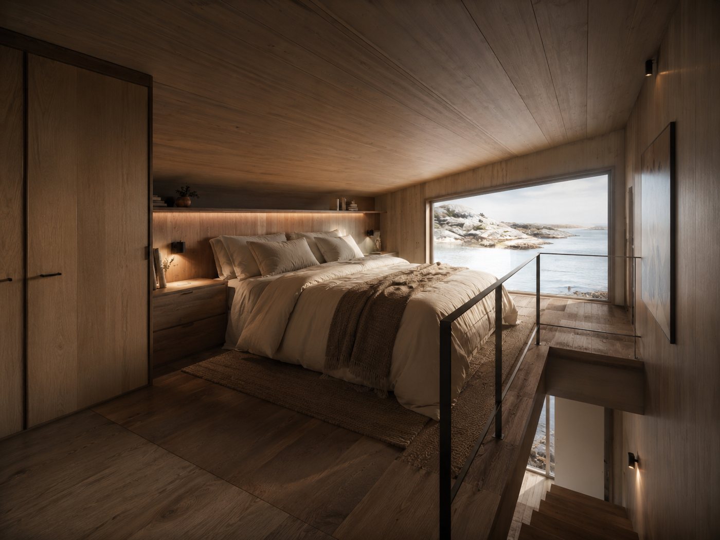 Sleeping loft with a double bed, built-in storage and a large gable window overlooking the archipelago