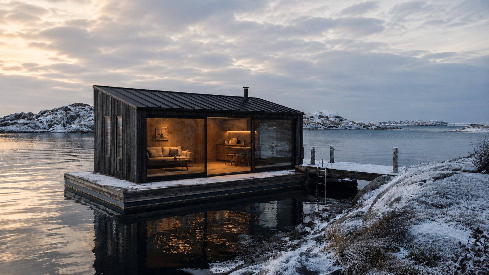 SKÄR 30 on the water in a winter landscape with snow-covered rocks